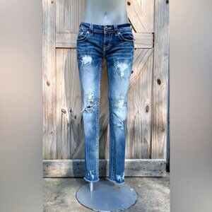 Miss Me Stretch Low Rise Embellished Distressed Signature Ankle Skinny Jeans~26~